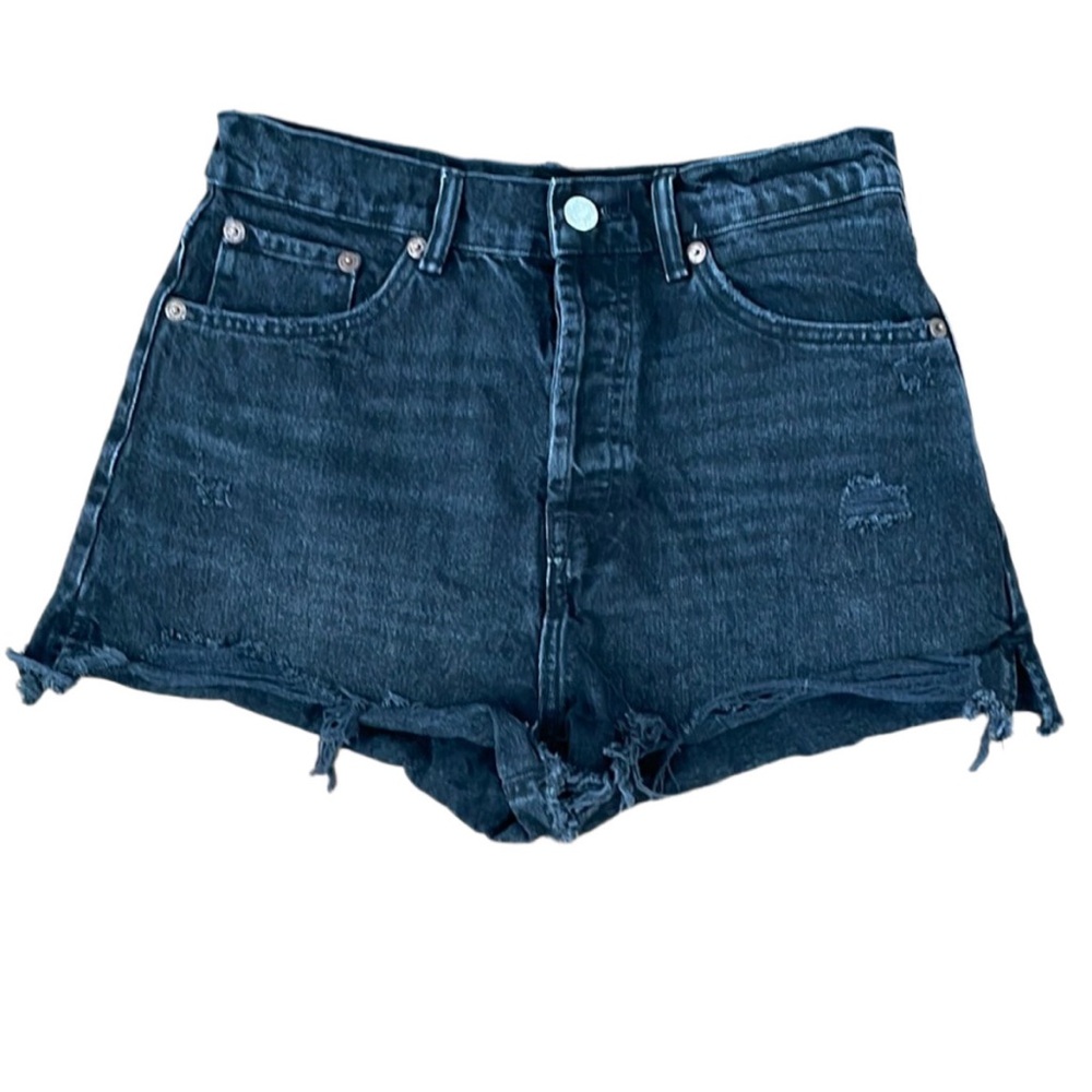 ZARA High-Rise Cut-Off Frayed Distressed Black Denim Shorts
